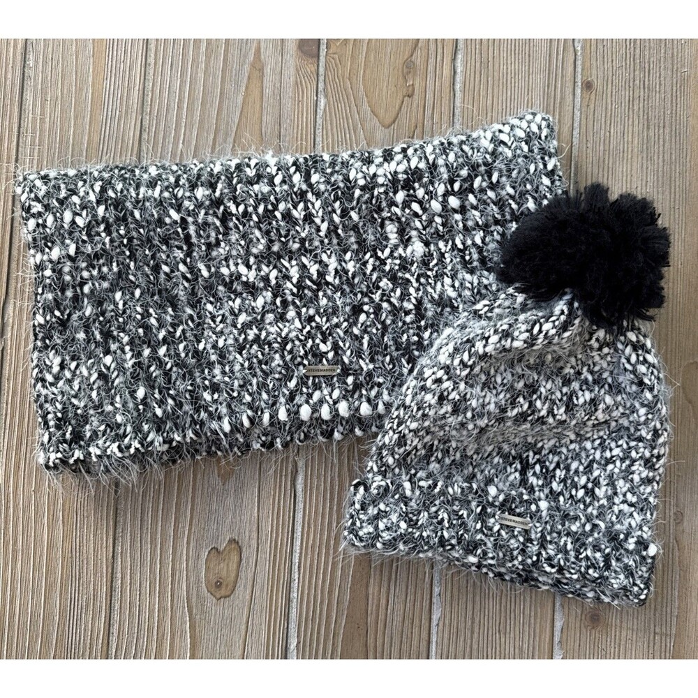 Women’s Steve Madden Knitted Neck Scarf With Beanie Hat Pom Black White
